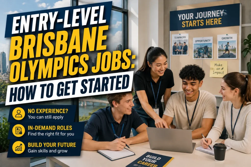 Group discussing Brisbane Olympics entry level jobs around a laptop