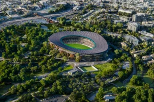 Aerial rendering of the Brisbane 2032 Olympic stadium and surrounding parklands.