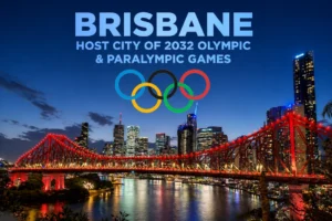 Brisbane skyline at night highlighting the city as the host of the 2032 Olympic and Paralympic Games