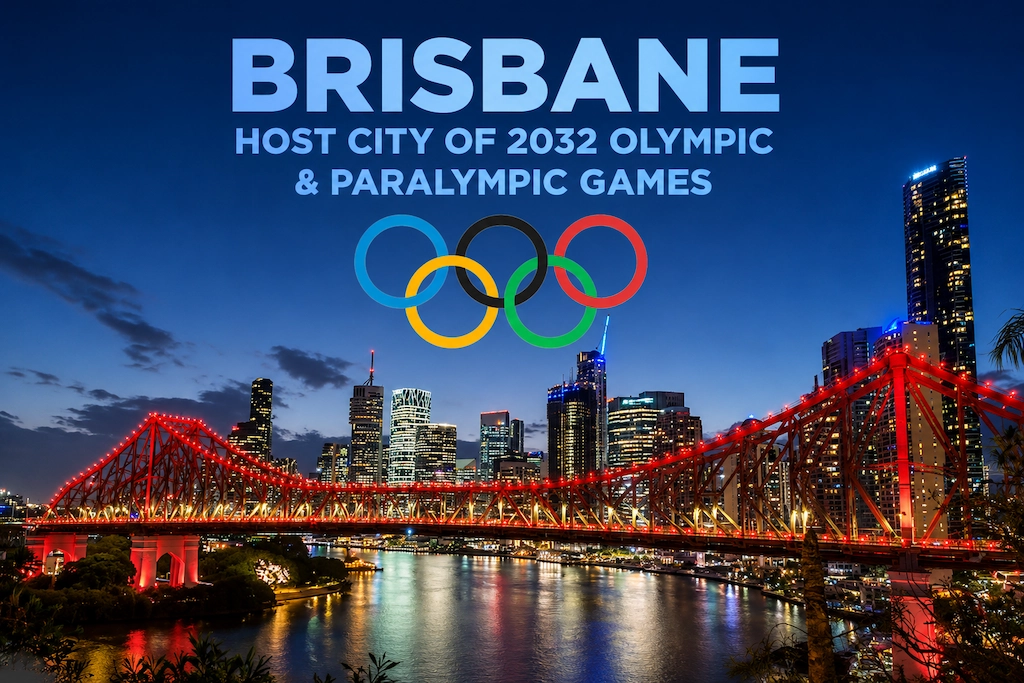 Brisbane skyline at night highlighting the city as the host of the 2032 Olympic and Paralympic Games