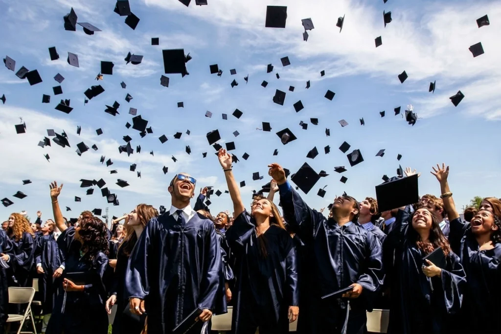 College graduates looking up as their graduation caps soar