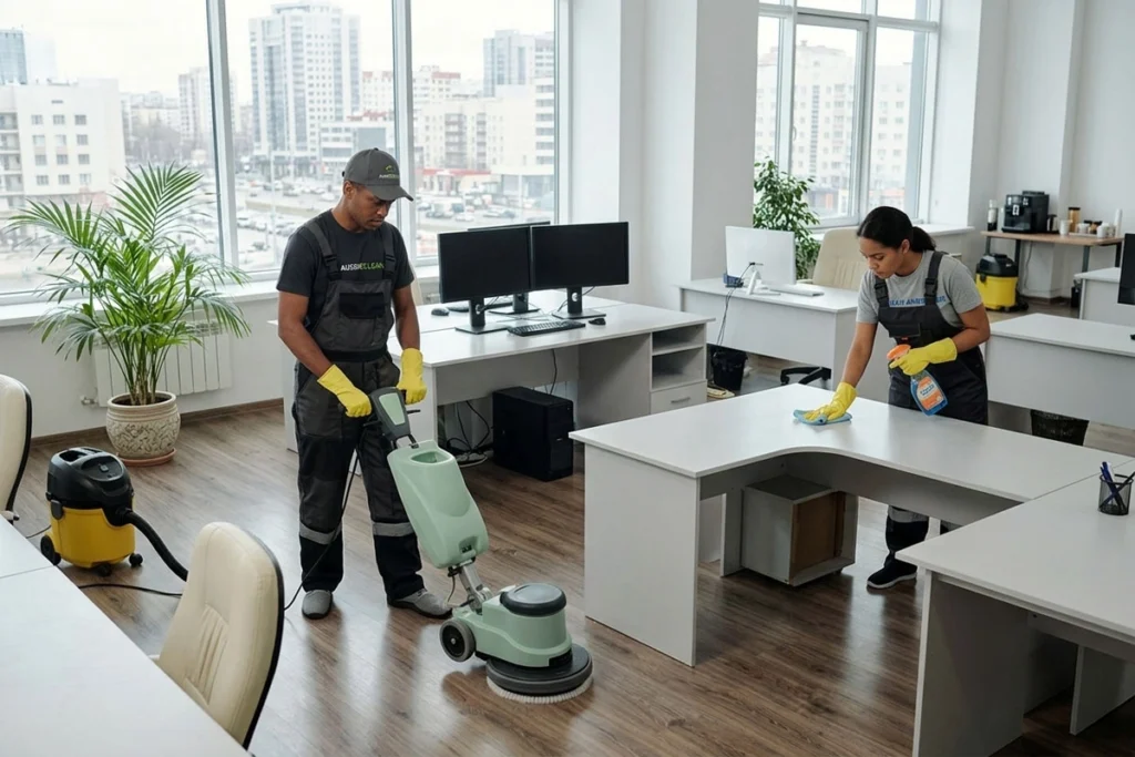Commercial cleaning team wiping office tables and vacuuming floors