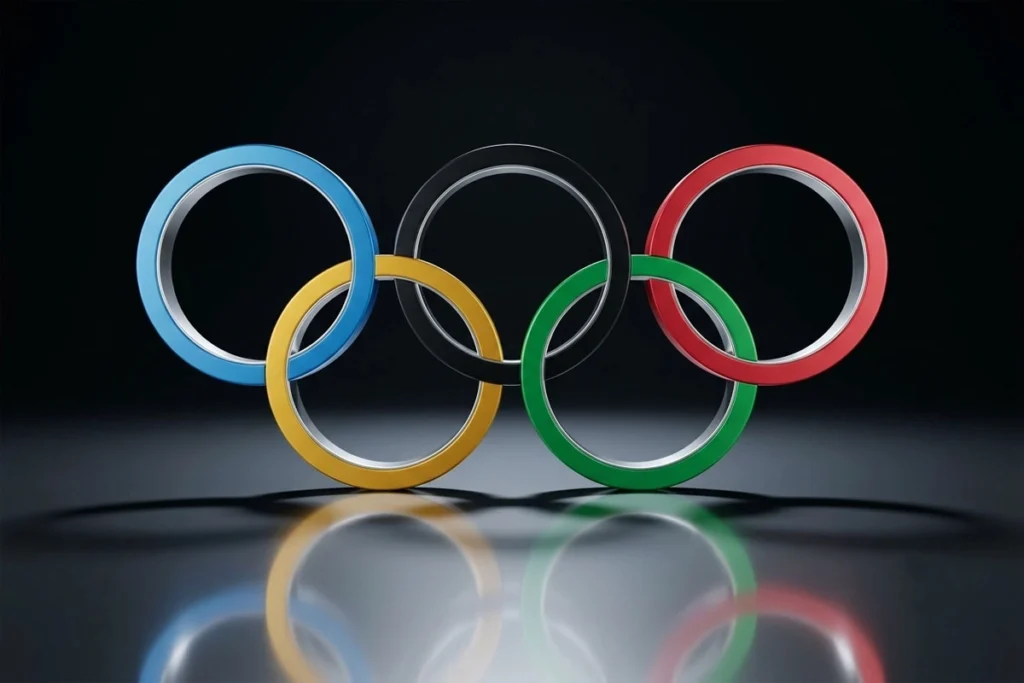Dark background featuring Olympic rings symbol