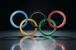 Dark background featuring Olympic rings symbol