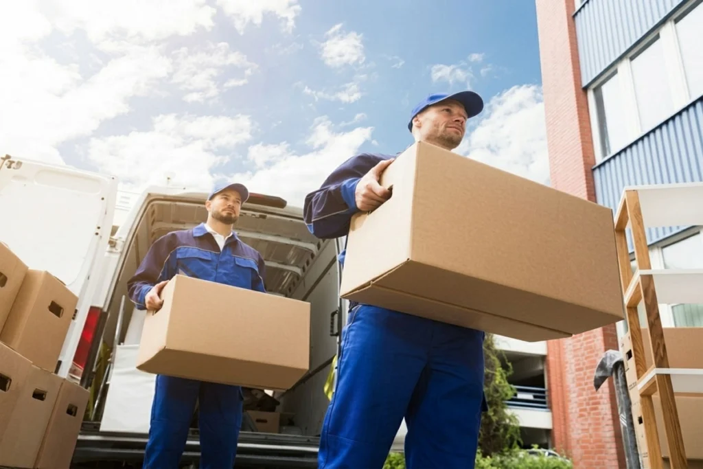 Delivery person carrying packages from a van