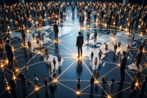 Global network of people linked by golden connection lines