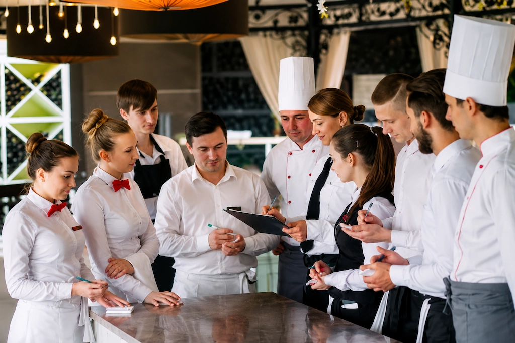 Restaurant employees and chefs preparing for daily operations