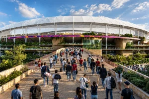 People walking toward a modern multi-purpose sports stadium designed for a major international sporting event.