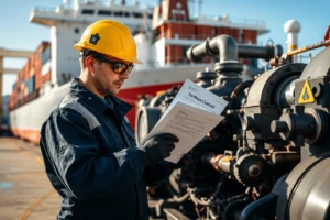 Marine engineer inspecting ship machinery and technical documents during maintenance at a commercial port.