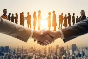 Professional handshake symbol with people and modern buildings