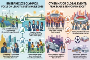 Promotional poster emphasizing sustainability and future jobs in Brisbane Olympics
