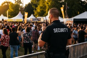 Crowd security officer communicating via radio at a public event