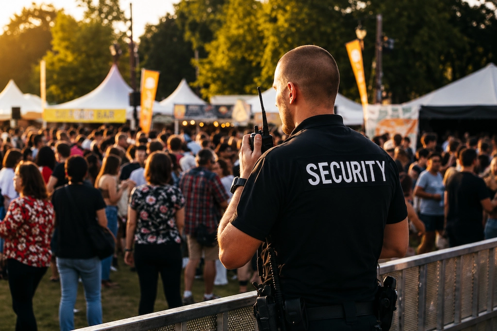 Crowd security officer communicating via radio at a public event