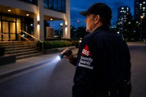 Security guard conducting a nighttime patrol outside a commercial building, representing security jobs for the Brisbane 2032 Olympics.