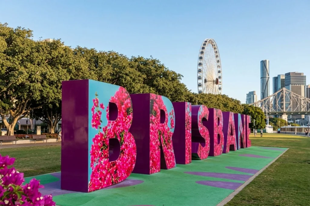 Iconic Brisbane sign on a green park lawn