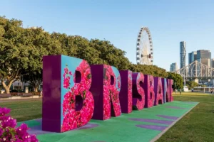 Iconic Brisbane sign on a green park lawn