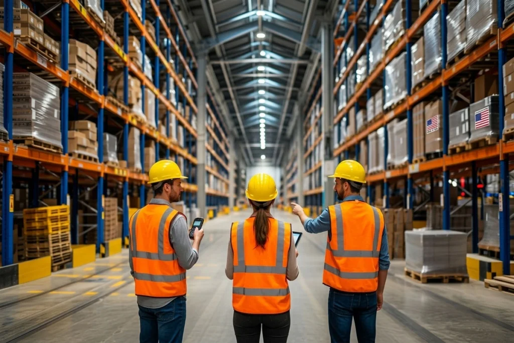 Three staff wearing hard hats and safety vests inspecting near a storage area