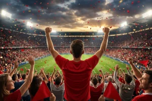 Audience celebrating a goal near the stadium stands