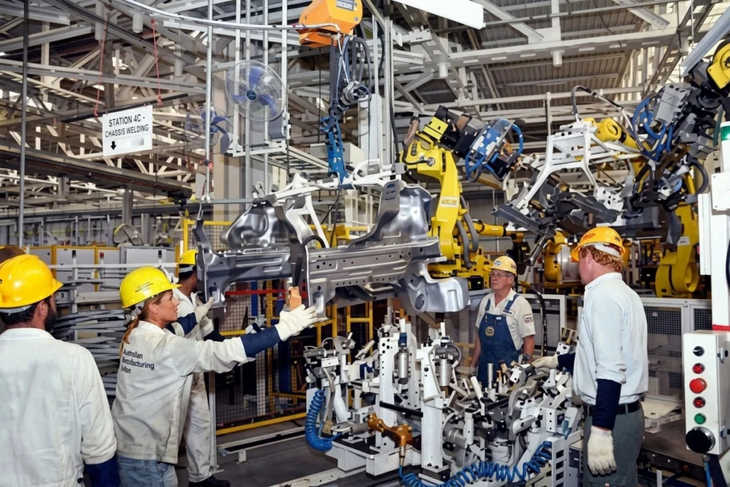Automotive assembly line with operator and inspector reviewing production