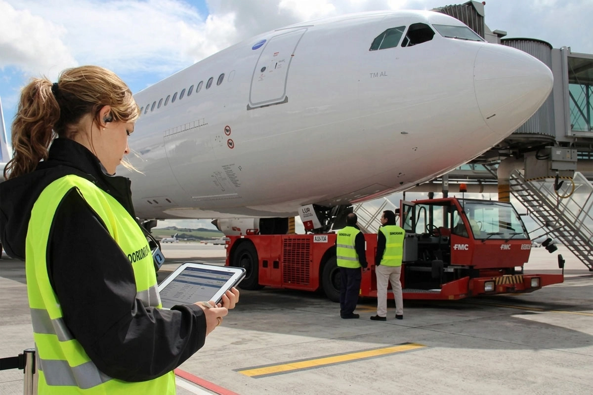 Aviation worker wearing a safety vest reviewing data on a tablet beside an aircraft.