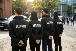 Back view of four security officers in black uniforms with "Security" printed on their shirts.