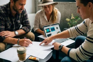 Business professionals discussing a project around a table.