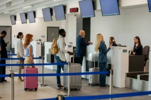 Busy airport terminal with passengers, airline staff, and check-in counters.