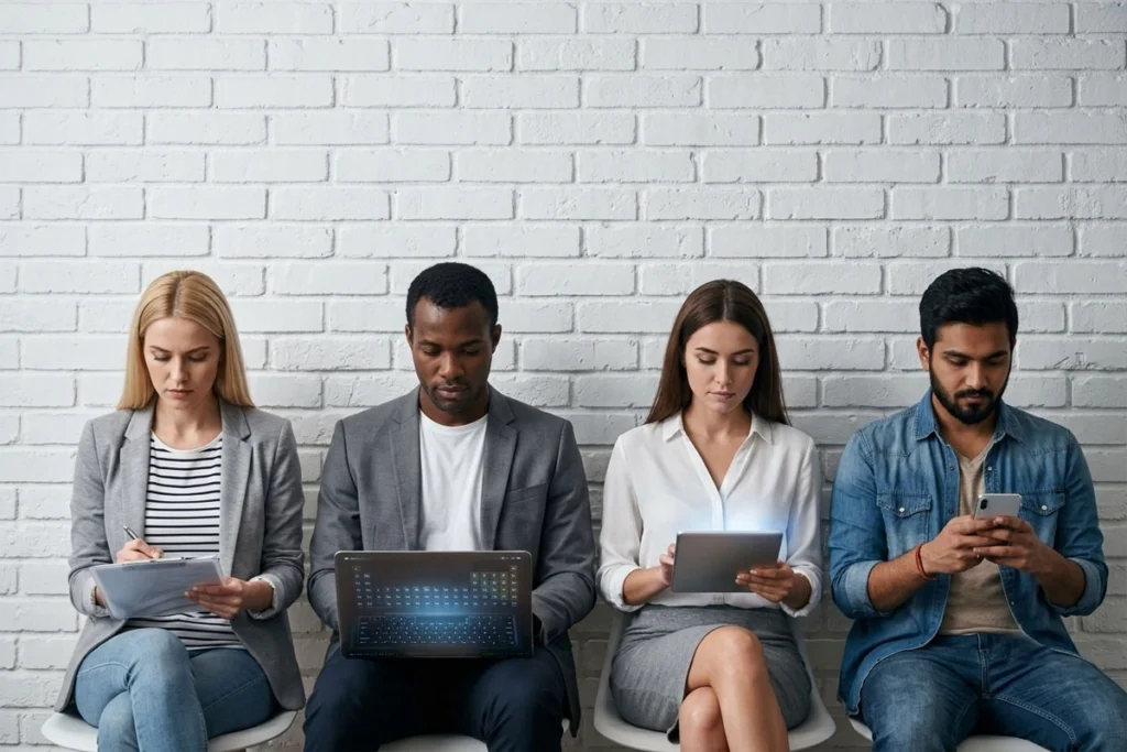 Candidates waiting for job interviews while reviewing documents on tablets and smartphones.