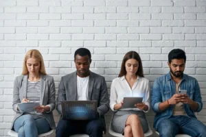 Candidates waiting for job interviews while reviewing documents on tablets and smartphones.