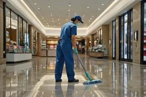 Cleaning staff cleaning an office workspace.
