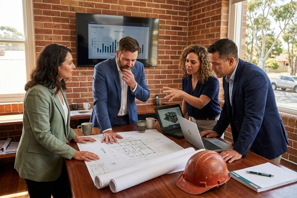 Colleagues examining blueprints during a project discussion
