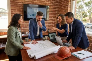 Colleagues examining blueprints during a project discussion