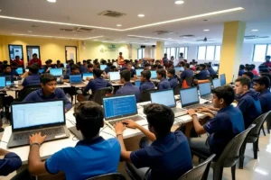 Computer lab filled with students working on digital learning activities.