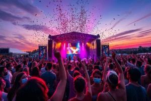 Concert crowd raising their hands during a nighttime performance