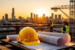 Construction plans and safety helmet on a table overlooking a construction site
