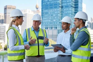 Construction team discussing plans at the work site.
