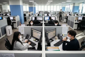 Corporate employees using desktop computers in the office.