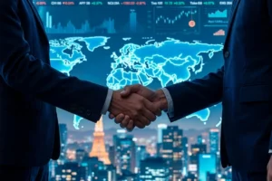 Corporate handshake with a map representing global connections