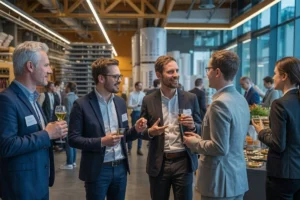 Corporate networking event with businesspeople interacting together