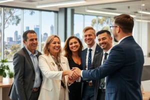 Corporate team members shaking hands to build business relationships