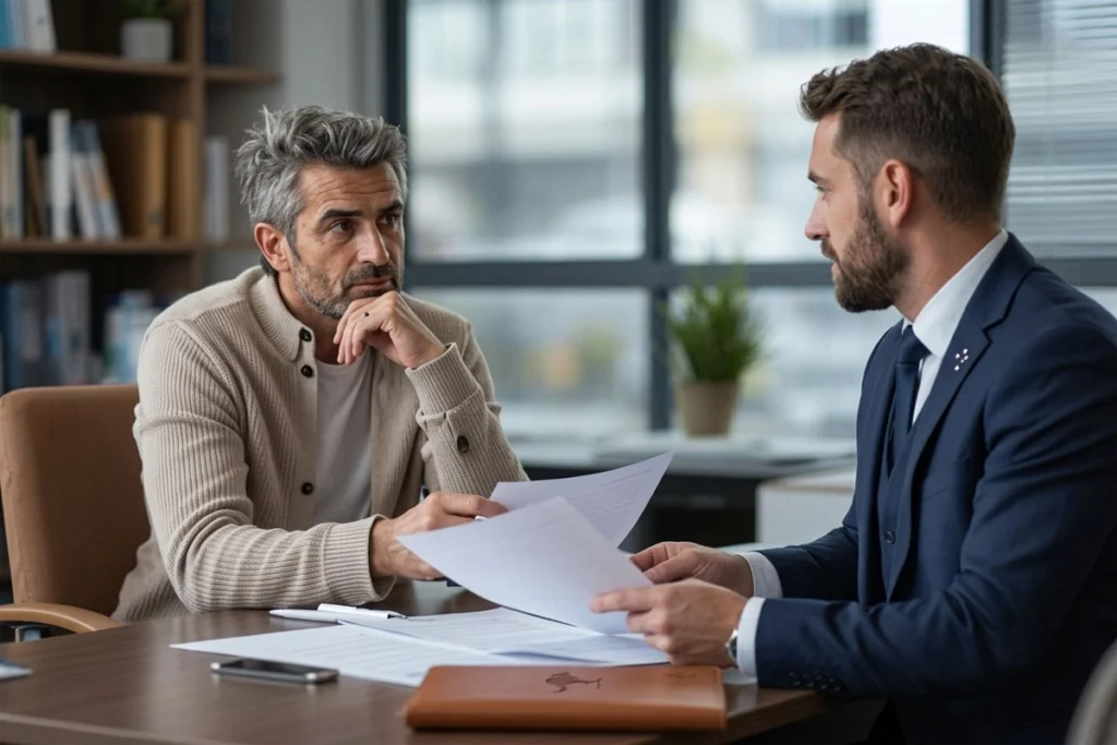 Coworkers examining a document during a business conversation
