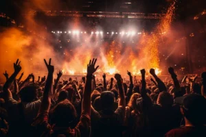 Crowd enjoying a live concert with hands raised toward the stage.