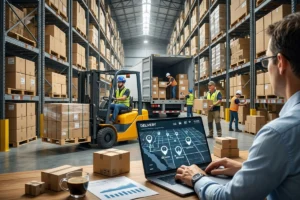 Distribution center organizing goods for storage and delivery