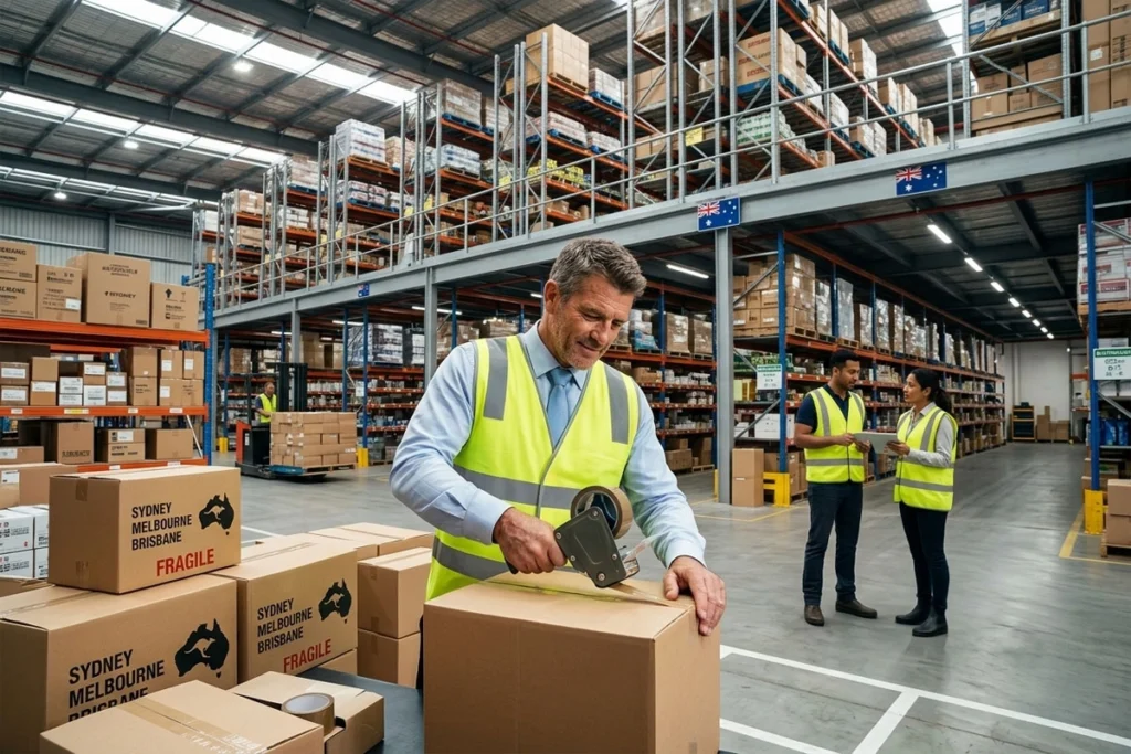 Employee staff sealing a shipping box with packing tape.