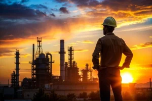 Engineer in a hard hat standing at a construction site at sunset