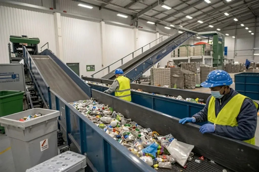 Factory worker monitoring recycled materials during the manufacturing process.