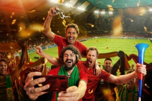 Fans taking a selfie in the stadium while watching a live football game