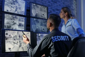 Female and male staff members observing surveillance camera monitors.