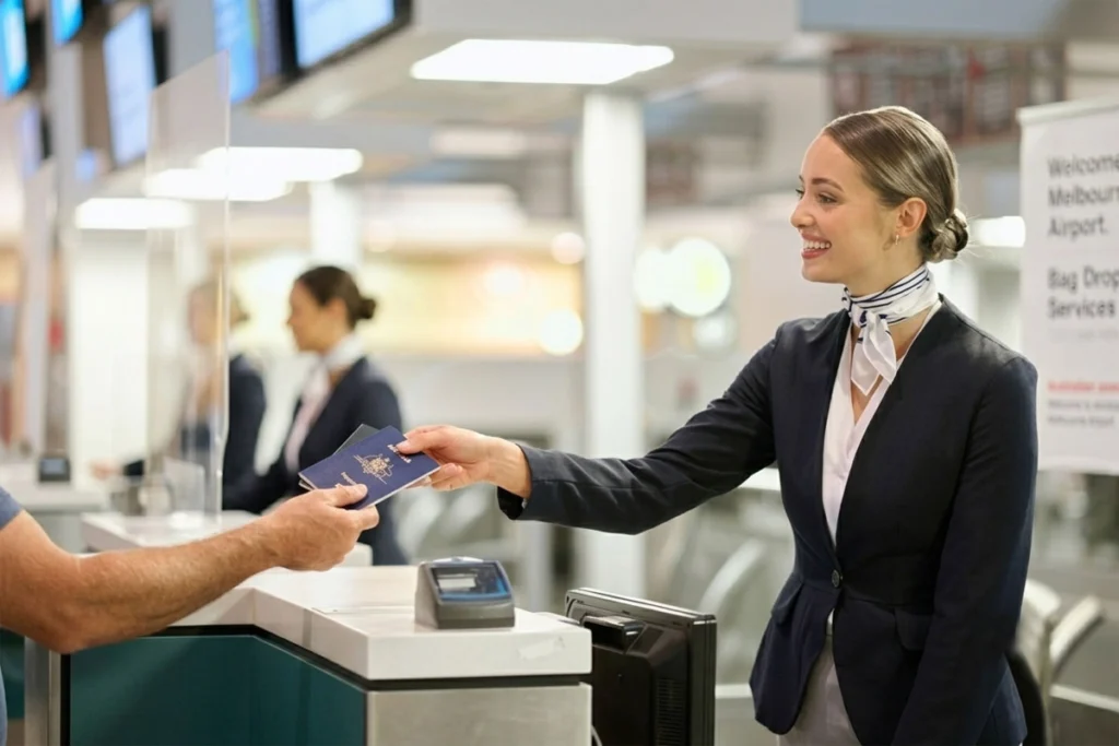 Flight attendant receiving a traveler's passport before boarding.