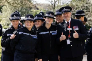 Friendly security staff standing together and smiling.